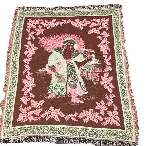 VTG CHRISTMAS SANTA CLAUS TAPESTRY THROW BLANKET KRIS KRINGLE POINSETTIA 56 X 48 - Picture 3 of 3